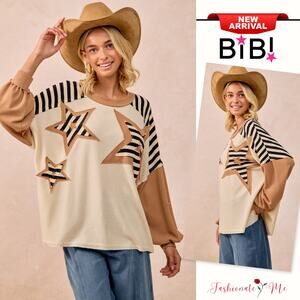 BiBi Star Patchwork Mixed Round Neck Long Sleeves Oversized Sweatshirt | Oatmeal